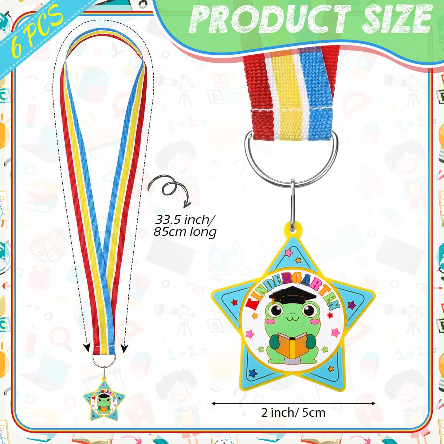 Landical 6 Pcs Preschool Pre-k Graduation Medal for Kids Bulk with Rainbow Neck Ribbon Kindergarten Grad Award Medals for School Students Grad Gifts Party Decorations(Frog)
