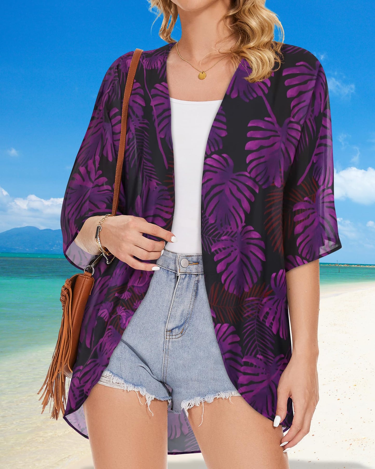 Women's Floral Kimono Print Puff Sleeve Loose Cardigan Cover Up Casual Blouse Tops (Black Purple Leaves, M)