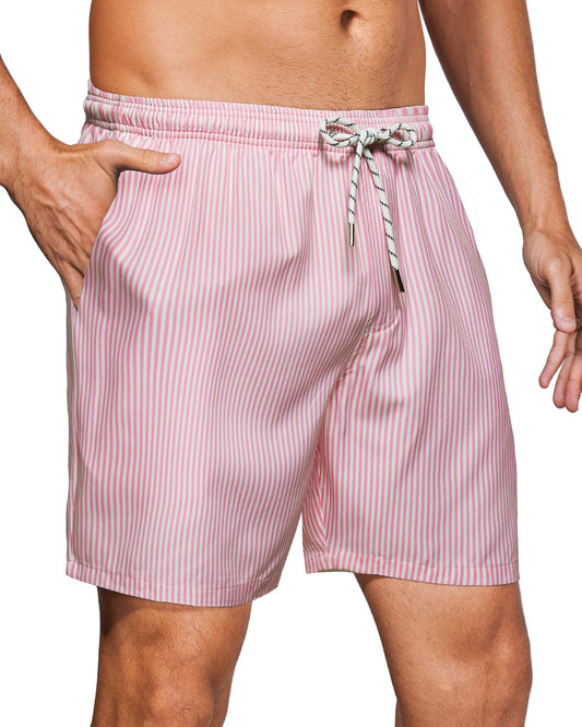 Gleeease Mens Beach Shorts Men's Bathing Suits with Mesh Liner Pockets Drawstring Quick Dry Stretch Lined Funny Beach Swimming Pool Surf Pink Striped Medium Swim Trunks