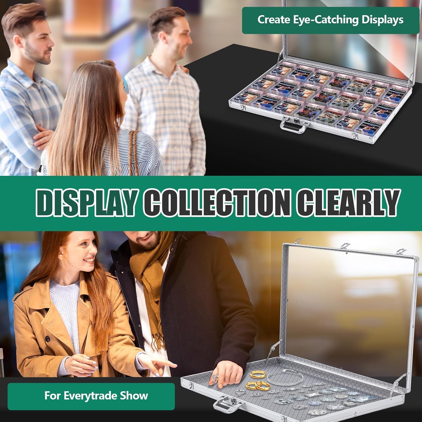 2 Pcs Aluminum Glass Display Case for Cards Trade Show Table Top Portable Sport Card Case with Clear Acrylic Showcase with Lock for Jewelry Craft Collector(32.7 x 22.1 x 3 Inch,Silver)