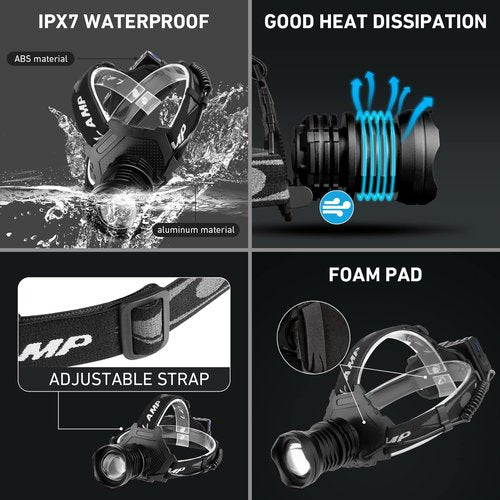 Rechargeable Headlamp Super Bright, 3000LM Head Lamp with 10 Modes, 90° Adjustable Headlamps for Adults, IPX7 Waterproof High Power Head Light for Fishing Camping