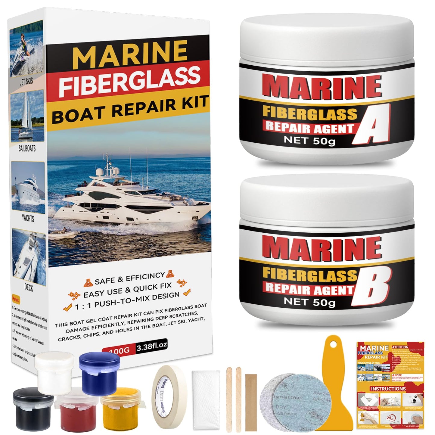 Yeardera Marine Fiberglass Repair Kit, Boat Gel Coat Repair Kit, Waterproof Fiberglass Repair Kit for Boats & Kayaks, Fiberglass Kit Fix Holes, Chips, Deep Cracks, Scratches(Color Match)