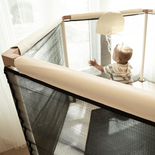 Square House Kids Trampoline, Aesthetic Indoor and Outdoor Toddler Trampoline with Safety Net, Basketball Hoop, 220lb Capacity, Ultra Safe No-Gap Design, Gifts for Boys & Girls (Sand, 5 FT)