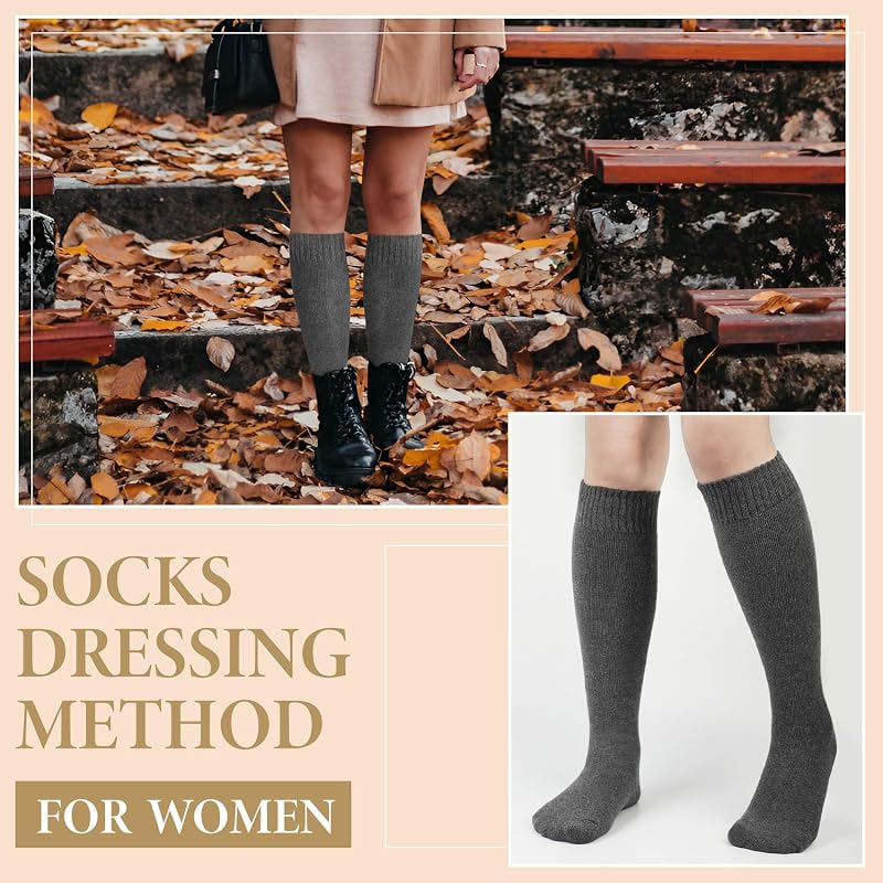 Justay 5 Pairs Thick Knee High Socks for Women - Black Dark Grey Coffee Khaki (One Size)