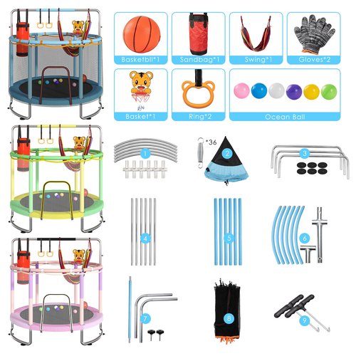 Trampoline for Kids, Upgrade Full Anti-Rust 440lbsToddler Trampoline with Net, 55'' Upgraded Ring Legs with Adjustable Gymnastics Bar&Toys, Gifts for Ages 1-8 Boys&Girls（Blue）