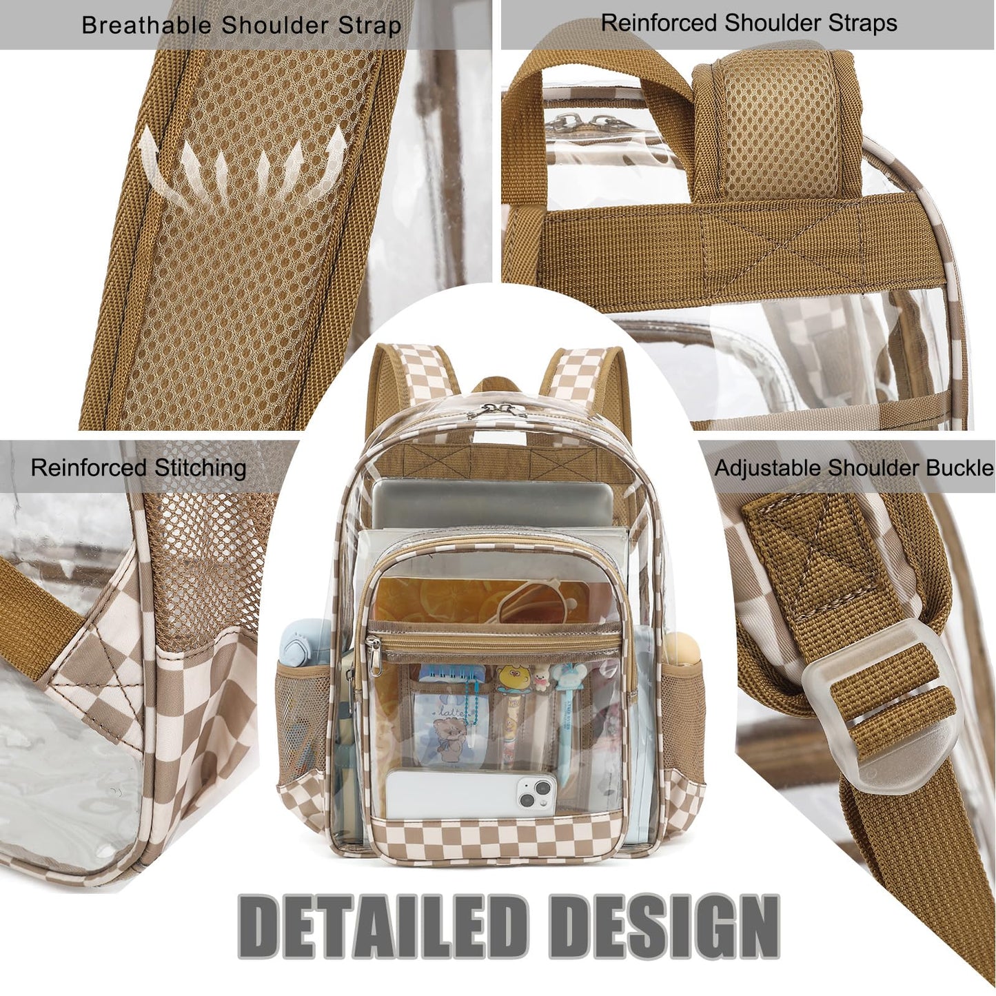 Dezcrab Clear Backpack for School Girls Boys, Heavy Duty Transparent Backpack Kids See-Through Clear Bookbag (Checkered Khaki)