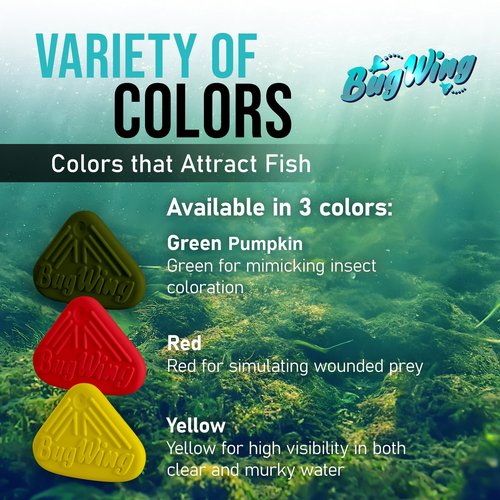 BUG WING Panfish Lures 6PK | Prevents Swallowing The Hook | Easy Unhooking | Attracts Crappie, Sunfish, Bluegill, & Other Small Mouth Fish (Green Pumpkin, Red, Yellow)