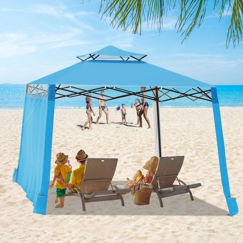 PANTAZO Beach Cabana 8x8 UPF50+ Beach Shade Canopy with Side Wall and 4 Sand Pockets Easy Set up and Take Down for Family,Blue