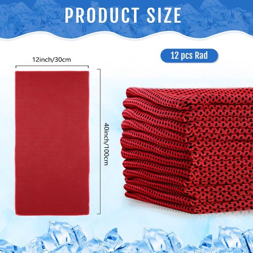 Hosuly 12 Pieces Cooling Towels for Hot Weather Soft Breathable Cold Towel Yoga Towels for Sweat, Sports, Workout, Fitness, Gym, Running, Travel Camping, 12 x 40 Inch (Red)