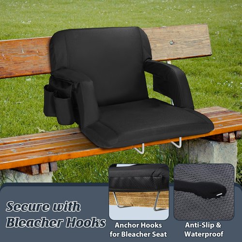 Gbekery Extra Wide Stadium Seats with Back Support,25" Wide 2 Pack Padded Reclining Bleacher Chairs with Back and Cushion,6 Reclining Positions,2 Steel Bleacher Hooks,Side Pockets & Cup Holders(Black)