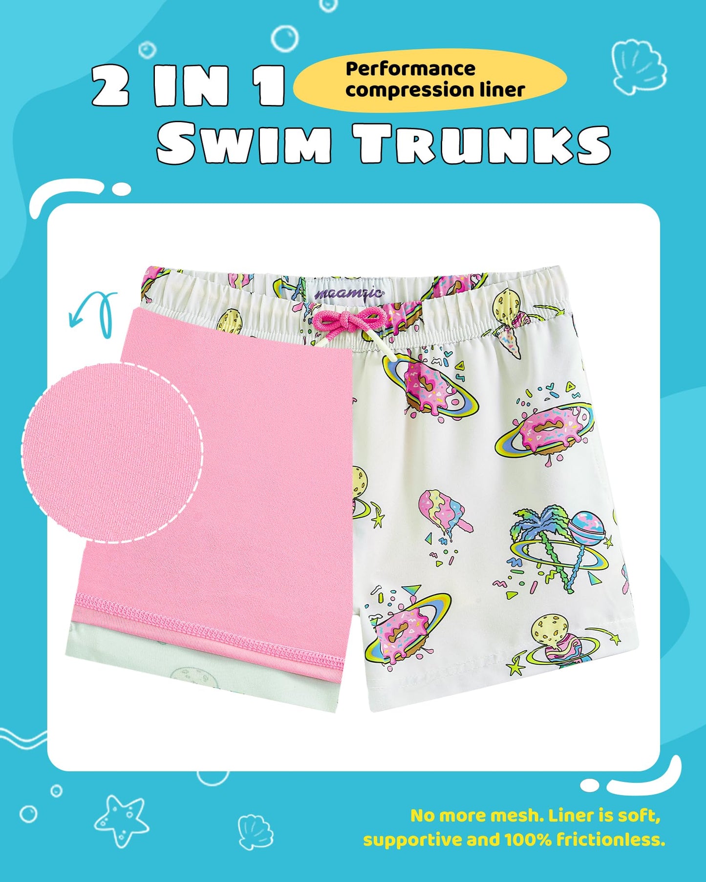 maamgic Boys Swim Trunks with Compression Liner Toddler Stretch Swim Shorts Quick Dry Swimming Trunks Boxer Brief 2 in 1 Beach Shorts Dessert Universe 7