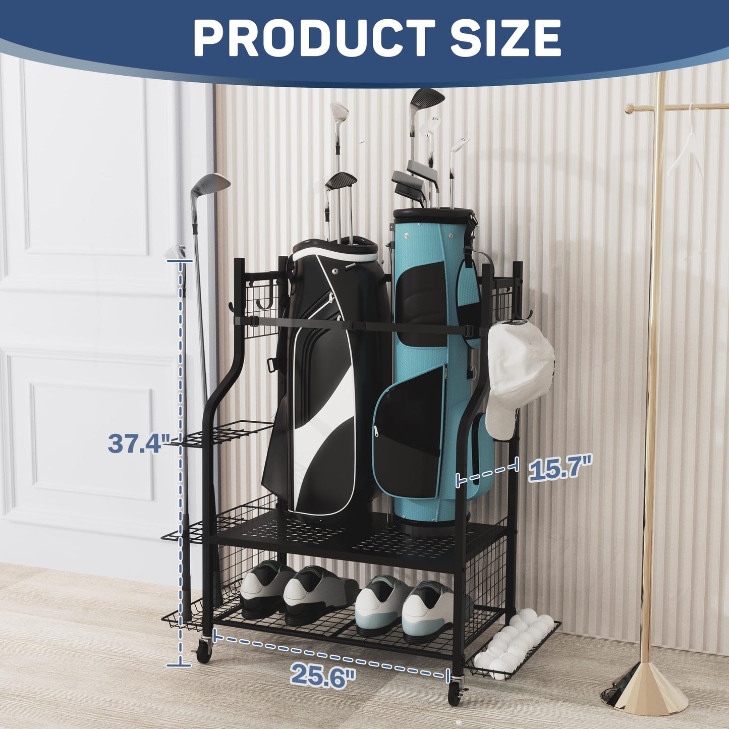 PLKOW Golf Storage Golf Bag Organizer Fits for 2 Golf Bags Golf Clubs Golf Equipment, Golf Bag Holder Golf Organizer for Garage Shed Basement