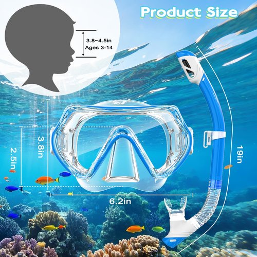 Kids Snorkel Set, Unisex Kids Swimming Goggles, Anti-Fog Diving Mask and Dry Top Snorkel Combo Set for Kids 3-14 (Blue+Pink)