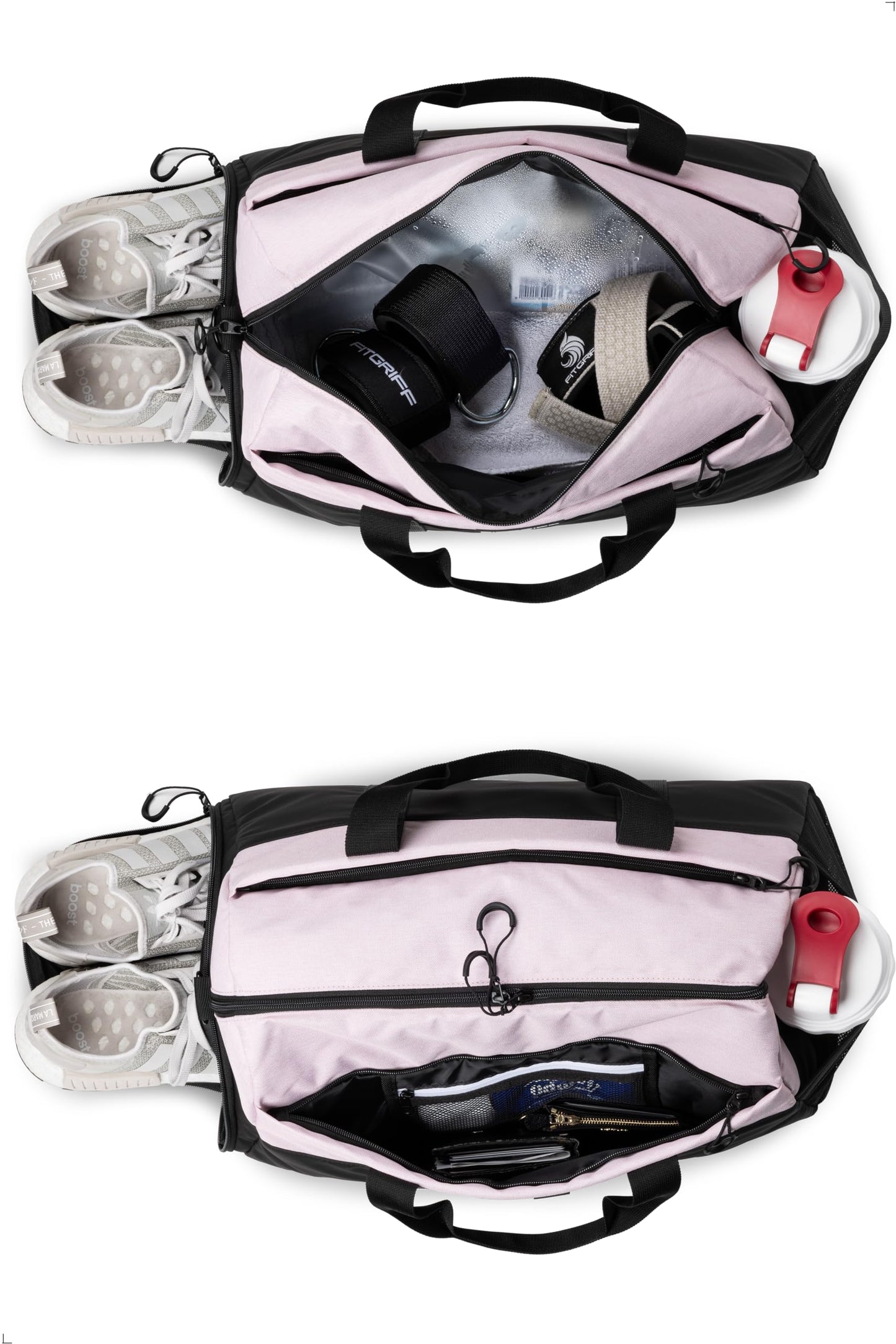 Fitgriff® Gym Bag V2 for Men and Women with Shoe & Wet Compartment - Duffle Bag for Travel, Sports, Fitness and Workout (Black/Pink, 22 x 12 x 13″ (Medium))