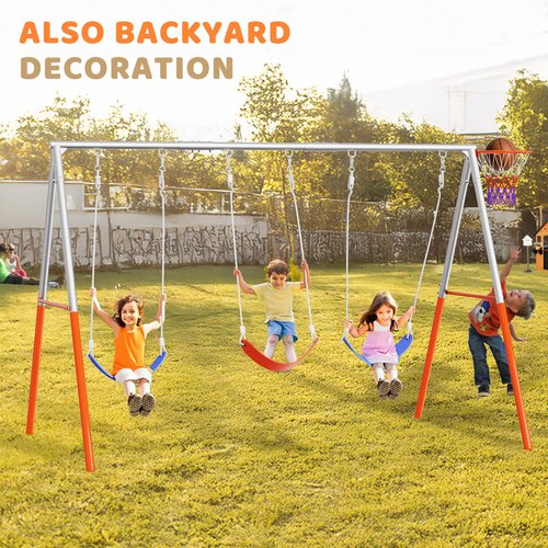 VALUE BOX 3-Seats Swing Sets for Backyard with Basketball-Hoop, Kids Metal Swing Sets for Outdoor with 3 Height-Adjustable Seats, 6 Locking Threaded Hangers, Suitable for DIY (Orange&Blue)