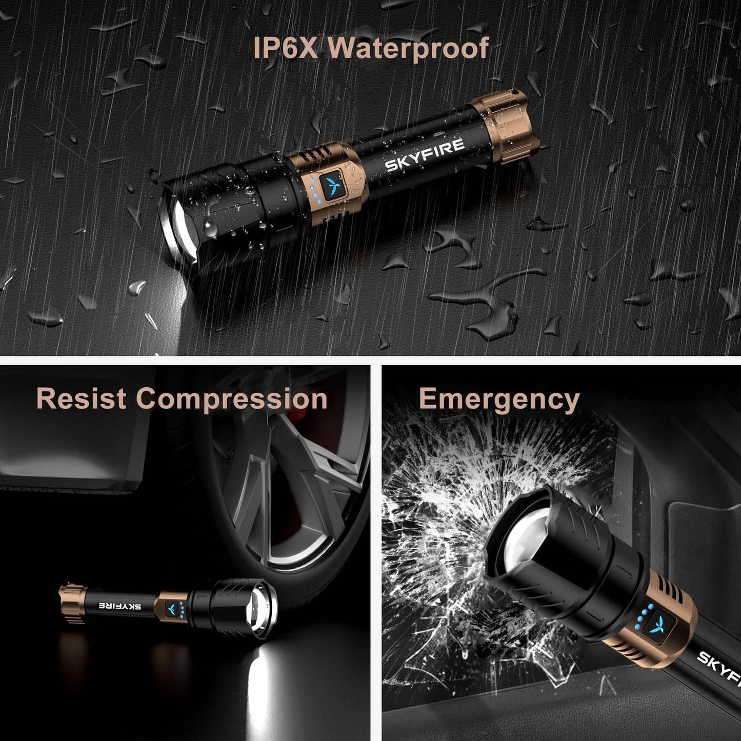 SKYFIRE Rechargeable Flashlights High Lumens,3000lm Super Bright Flashlight,Zoomable,4 Modes,Waterproof LED Flash Light for Camping Essentials,Outdoor and Home Emergencies