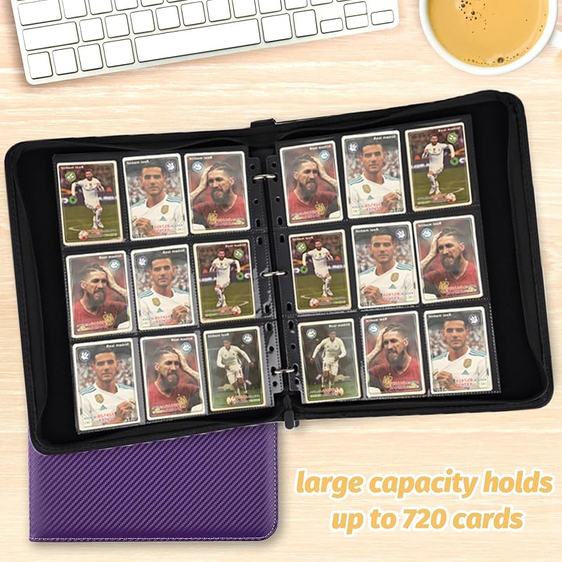 9-Pocket 3-Ring Card Binder 720 Capacity Purple – Zippered PU Album for TCG & Sports Cards (Variation: Carbon Purple+9 Pocket 720)