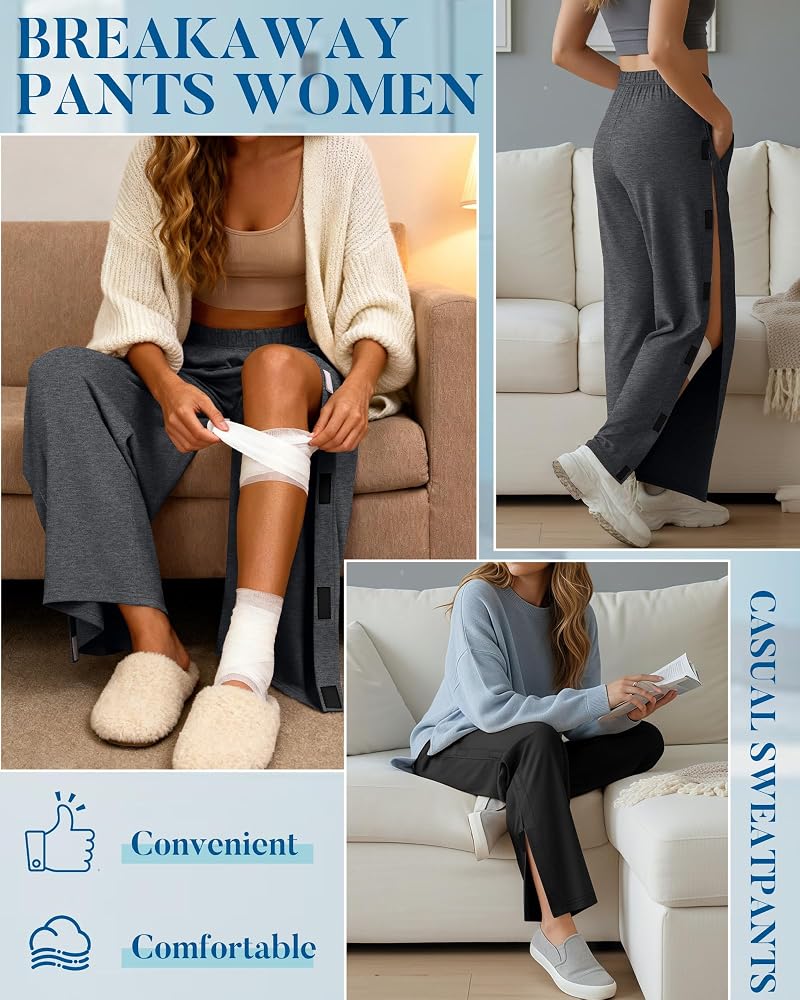 2 Pack Women's Tear Away Recovery Pants - Dark Gray & Black (Medium) – Post-Surgery Loose Fit