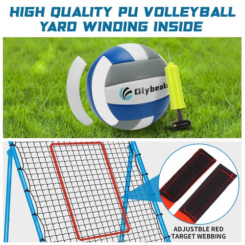 Adjustable Volleyball Rebounder Net 7x4 ft with PU Volleyball and Stakes - Bounce Back Training Equipment for Practicing Volleying, Bumping, Spiking, Easy Set Up & Steady for Multi Sports (Blue)