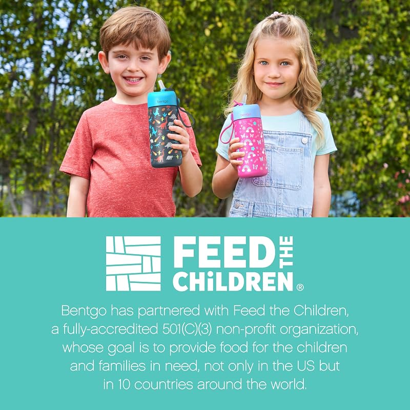 Bentgo Kids 14 oz Stainless Steel Water Bottle - Leak-Proof Bite & Sip (Dinosaur Variation)