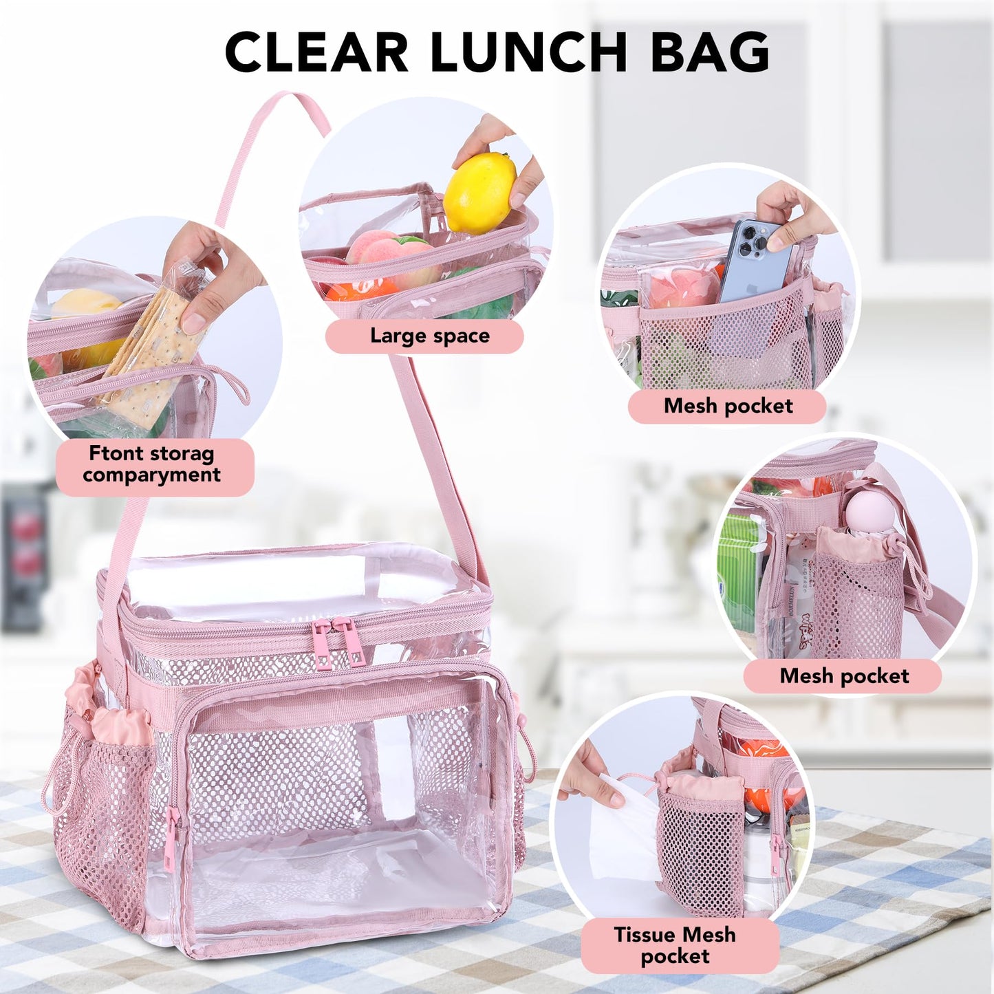 BORMELUN Clear Lunch Bag for Work - Heavy Duty Transparent Lunch Box for Men and Women - Stadium Approved for Correctional Officers Plastic Lunch Bag (pink)