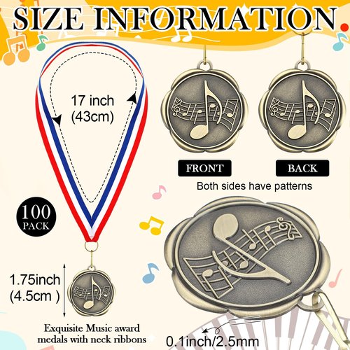 Quelay 100 Pcs Music Medals Bulk - Double-Sided Engraving Pattern Music Award Medals Trophy with Neck Ribbons for Kids & Adults Choir Winner Prize Gift Singing Musical Scholastic Competitions