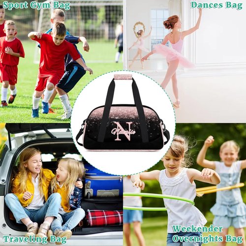 Personalized Kids Sports Duffel Bag with Name Custom Gym Dance Bag for Boys Girls Waterproof Weekender Overnight Bag for Travel Cheerleading Gymnastics Pink Sequins