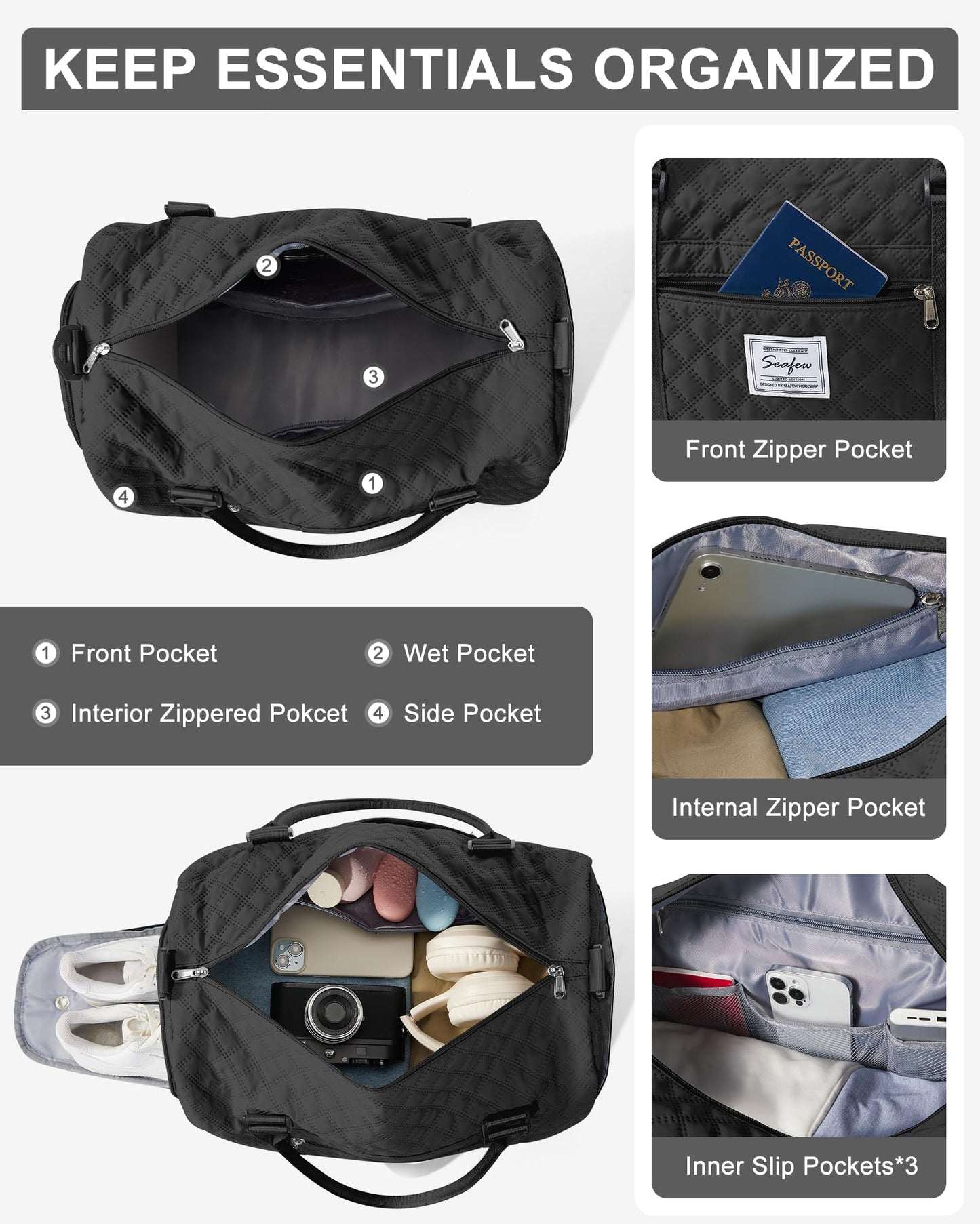 Gym Duffle Bag for Women with Shoe Compartment Waterproof Travel Tote Bags Personal Item Carry On Weekender Overnight Bags with Toiletry Bag Swimming Yoga Bags Hospital Holdalls Black