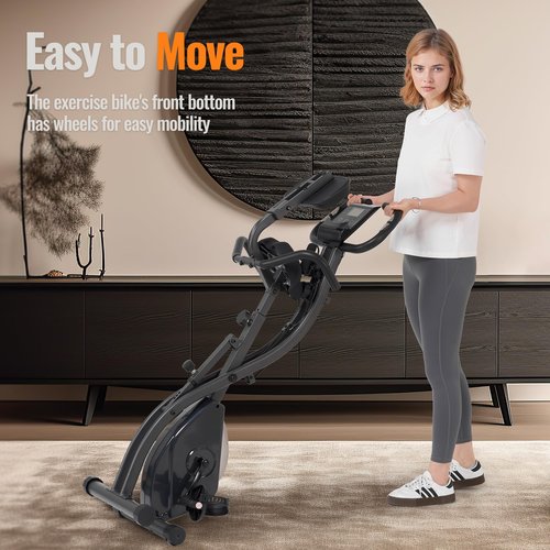 Folding Exercise Bike Stationary Bike Recumbent Exercise bike with 10 Level Adjustable Magentic Resistance and Arm Resistance Band LCD Display Support Backrest Wide Seat 300LB Capacity for Home Workout