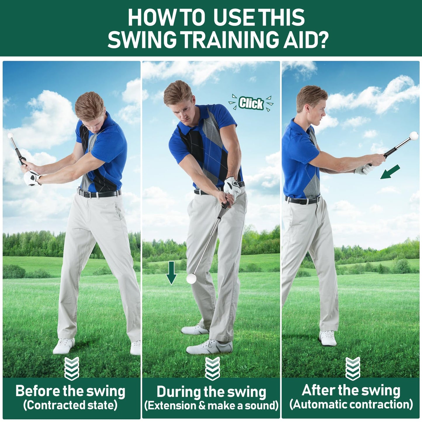 KALAUTO Golf Swing Trainer with Golf Swing Band- Retractable Golf Swing Training Aid Click Club Indoor Practice Warm Up Stick Flexible Telescopic Tempo Trainer (Black-Right Hand)