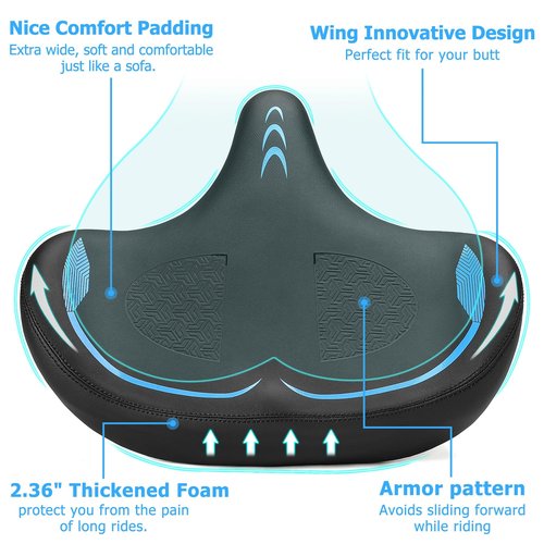 CDYWD Oversized Bike Seat for Men & Women Comfort, Extra Wide Bicycle Seat Cushion, Comfortable Wing Padded, Large Replacement Bike Saddle for Peloton Bike, Stationary Exercise Bike, City Bike, Ebike
