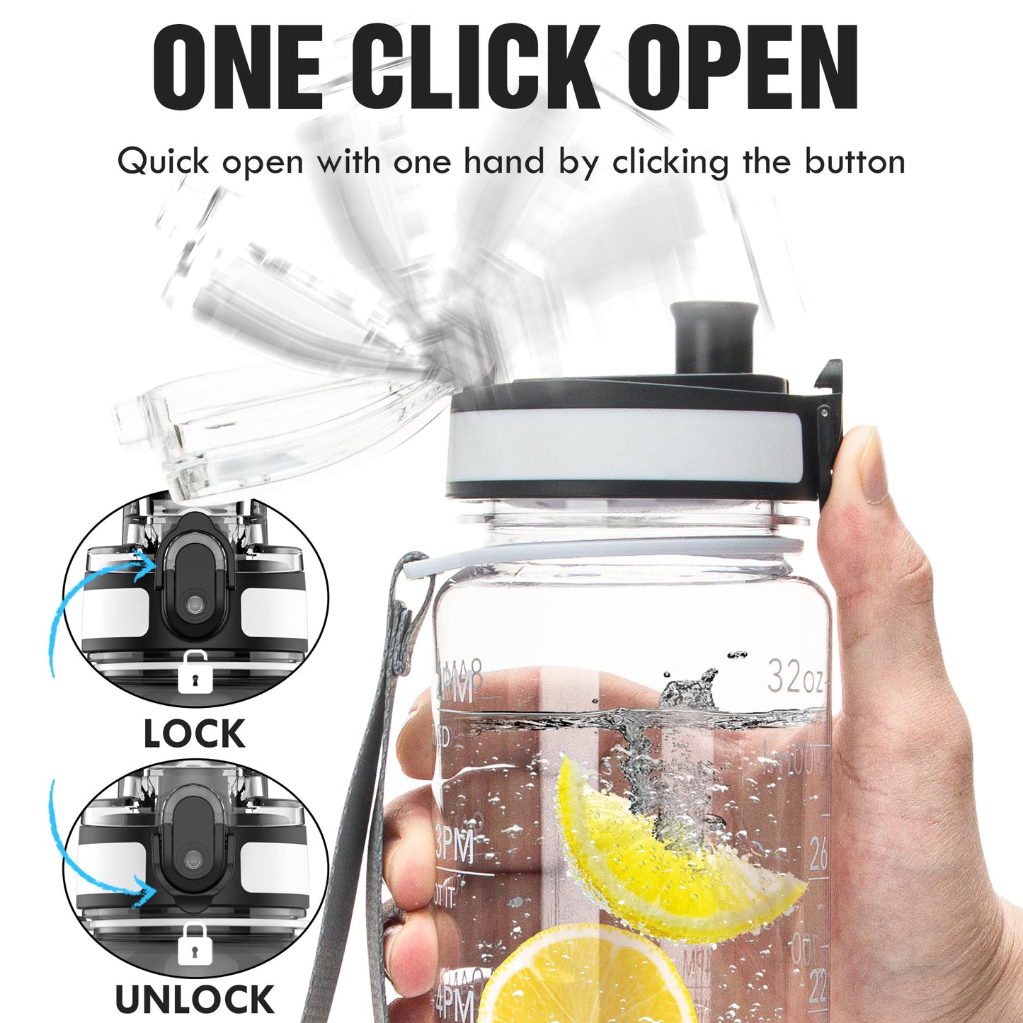 OLDLEY Water Bottle, 32oz Motivational Sports Water Bottle with Time Marker - Times to Drink - Tritan, BPA Free, Wide Mouth Leakproof, Navy Blue Green (1 Bottle)