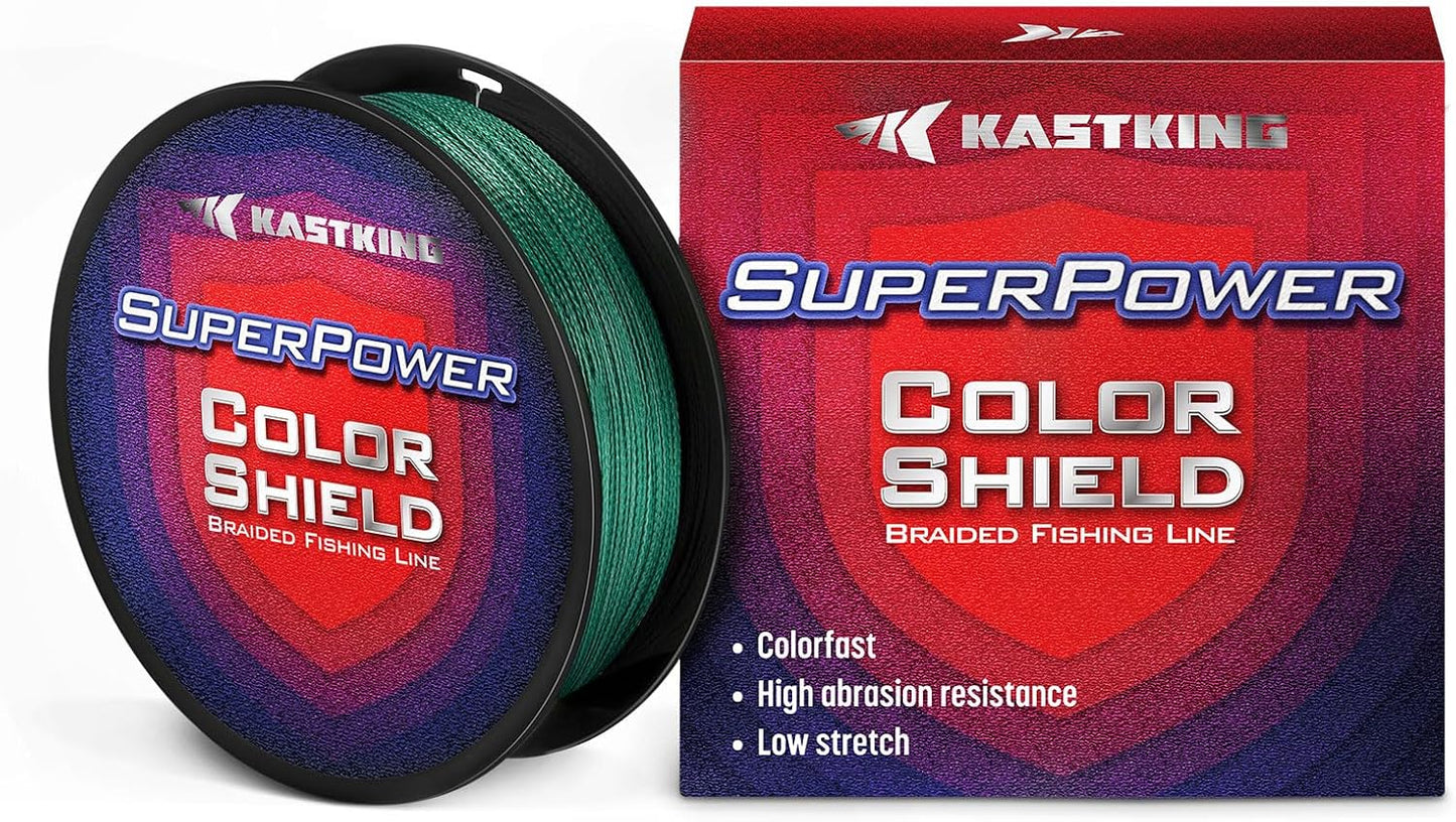 KastKing Superpower ColorShield Braided Fishing Line - Colorfast Braided Line, 100% Solution Dyed UHMWPE Fiber, Smooth & Strong Superline, Near Zero Stretch, Sensitive, High Abrasion Resistance