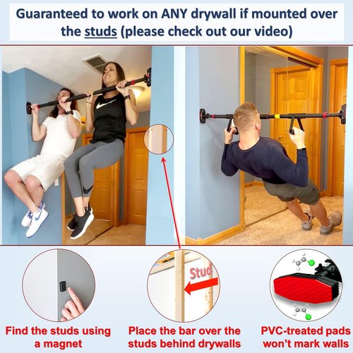 IRONSURGE Pull Up Bar for Doorway 6-piece Set with Two Attachable Resistance Bands, Training Manual, Door frame Chin Up Bar, and Two Angled Supports For Home Gym Workout, No Screws, Max 680lbs,