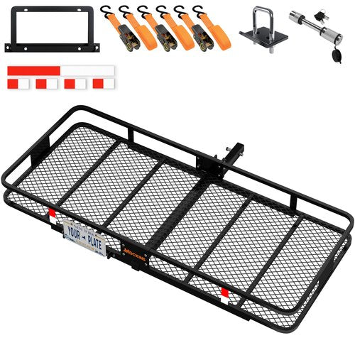 Mockins XXL 70"x30"x6" Folding Trailer Hitch Cargo Carrier | 500 Lbs. Cap. Cargo Hitch Carrier Rack | All-Weather Steel Luggage Rack for SUV, Car & Truck w/License Plate Holder, Stabilizer & Straps