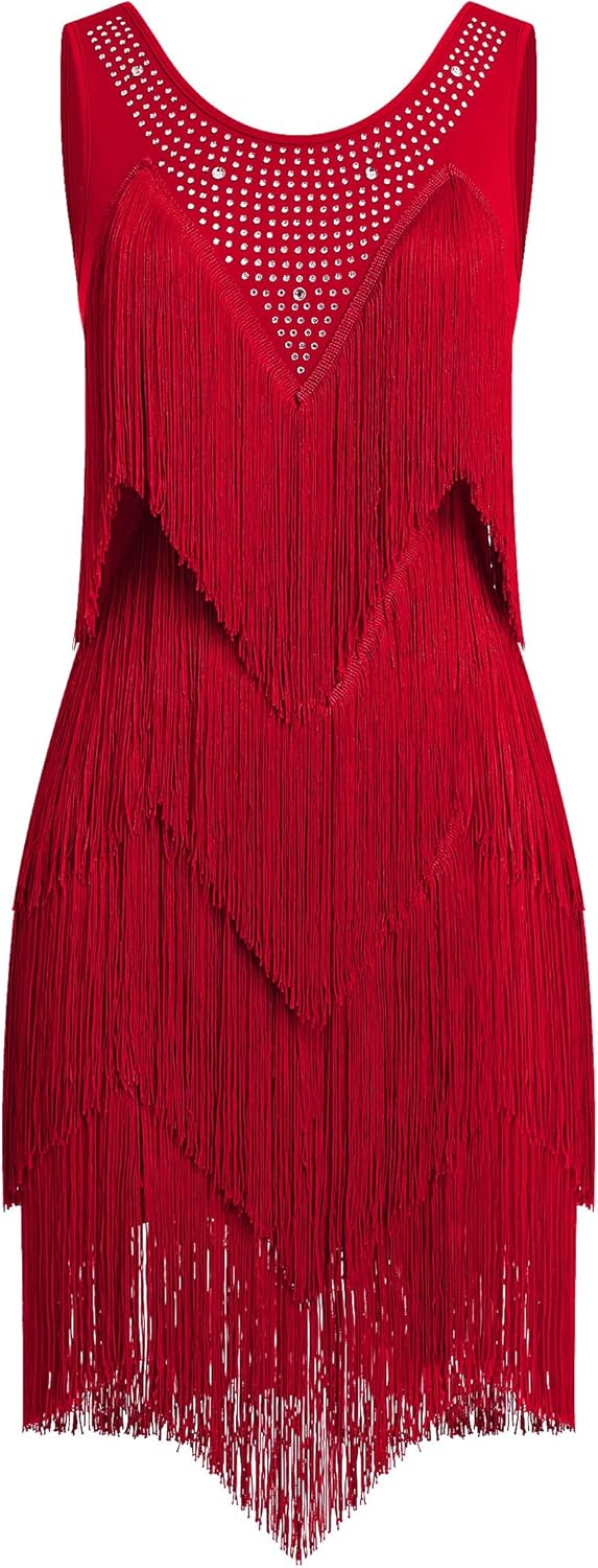 IWEMEK Rhinestones Layered Fringe Dress Ballroom Latin Dance Dress for Women Tiered Tassel Flapper Dresses Dancing Costume
