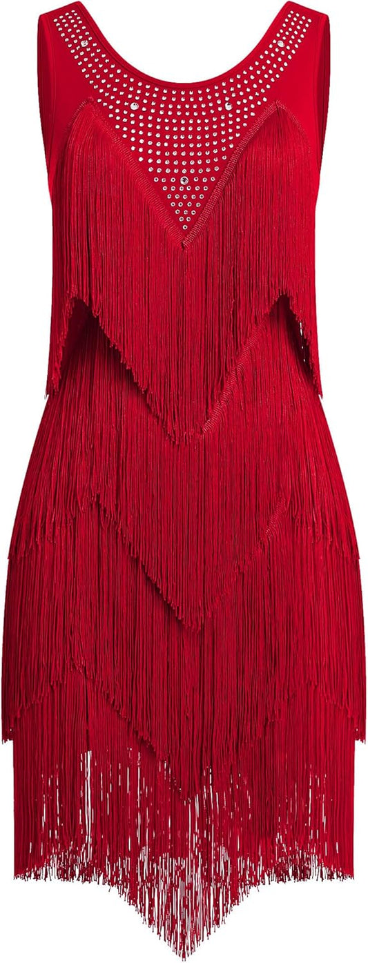 IWEMEK Rhinestones Layered Fringe Dress Ballroom Latin Dance Dress for Women Tiered Tassel Flapper Dresses Dancing Costume
