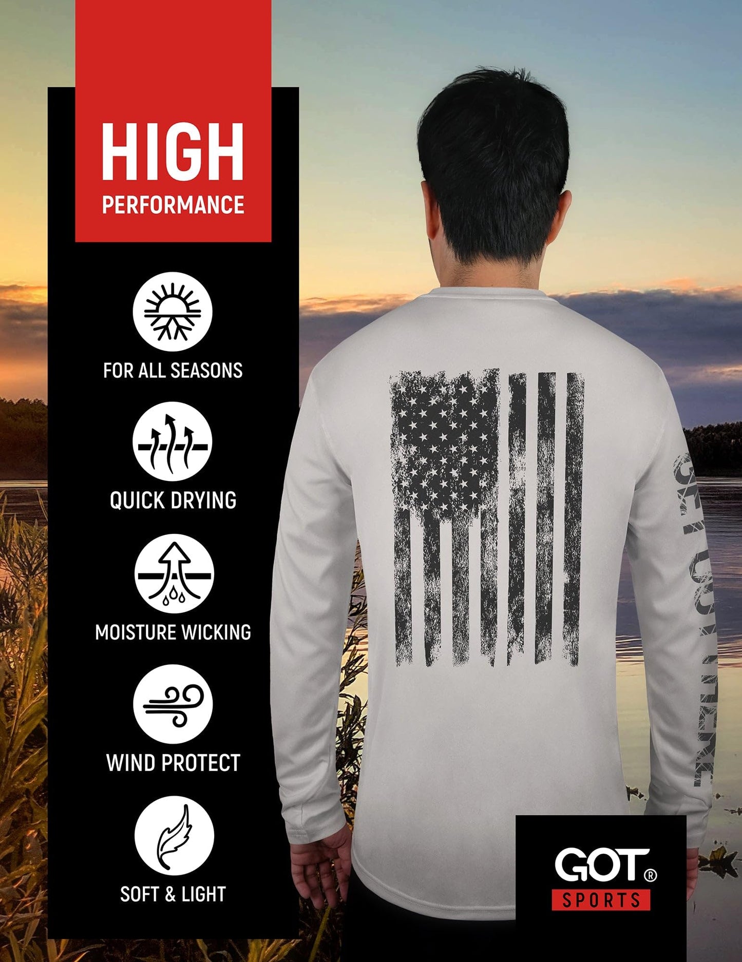 GOT Sports UPF 50+ Fishing T Shirts for Men Women Long Sleeve - UV Sun Protection, Lightweight (Gray American Flag Shirt X-Large)