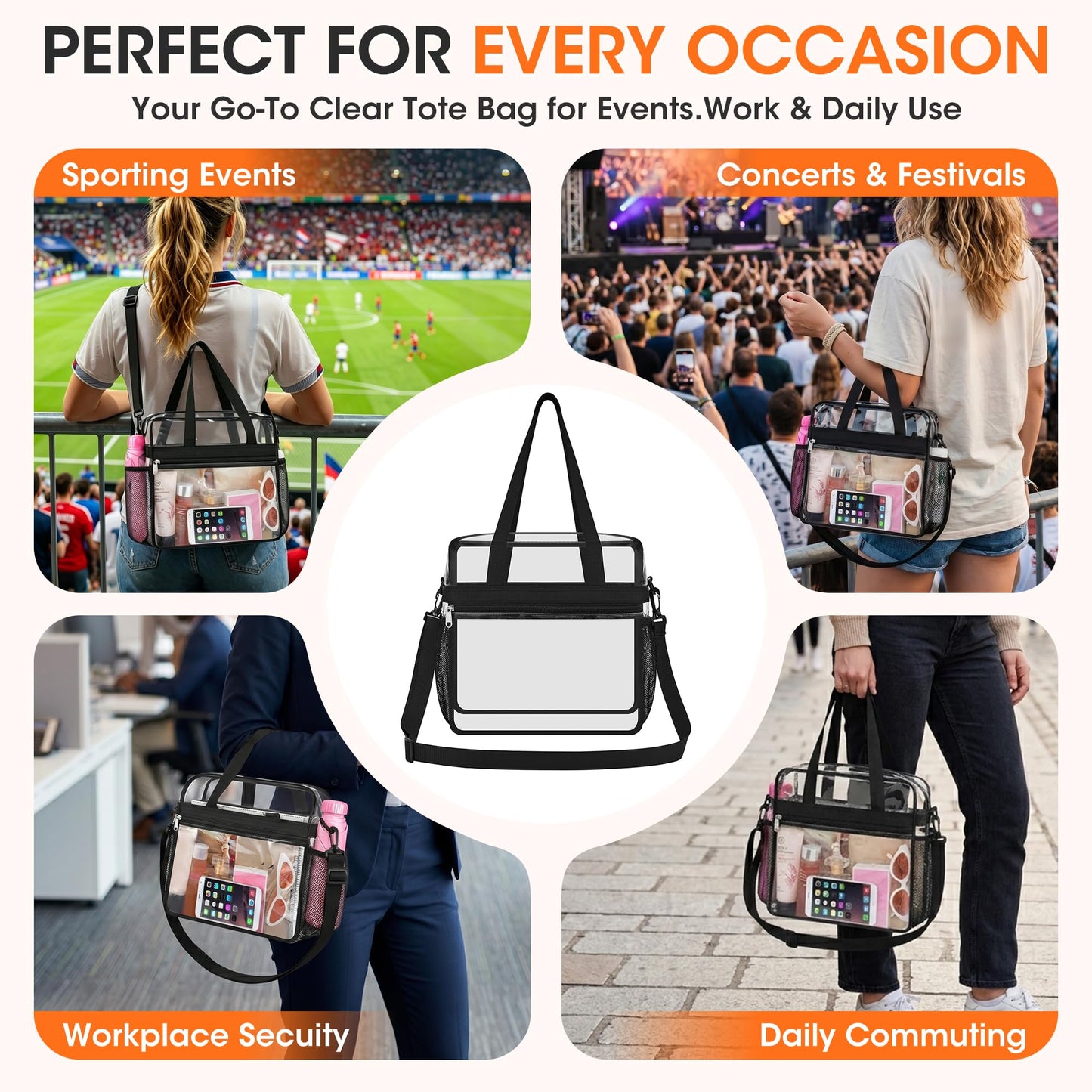 Oraben Clear Tote Bag Clear Bag Stadium Approved 12x6x12 Stadium Bag for Work, Sports Games,Gym Black,One Pocket
