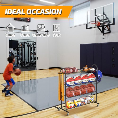 PLKOW Basketball Rack, Rolling Ball Storage with Baseball Bat Holder and Hooks, Sports Equipment Storage with Wheels for Volleyball, Football and Basketball Accessories, Powder Coated Steel