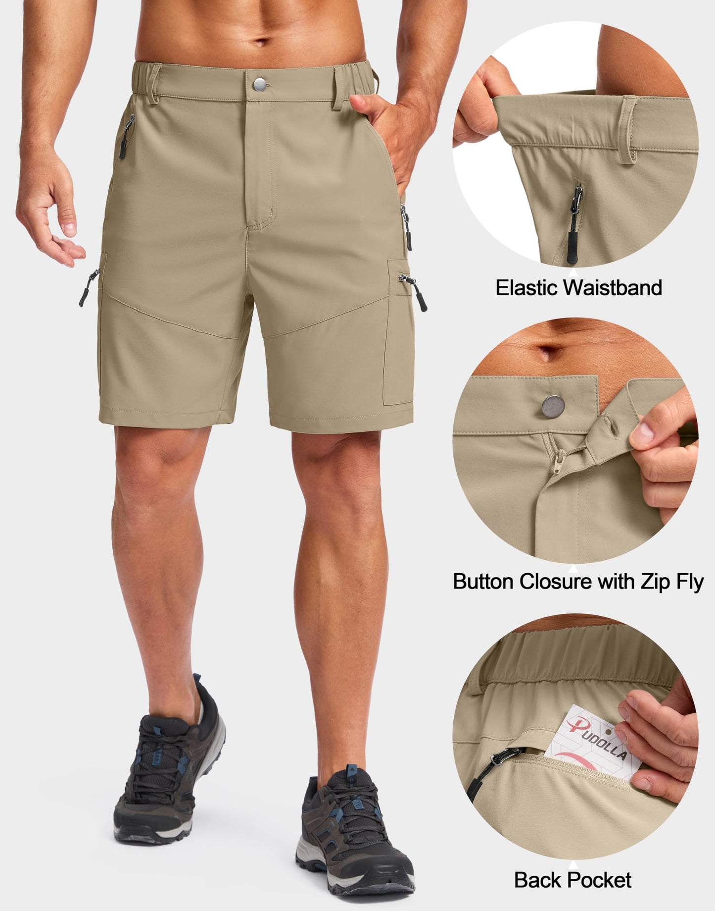 Pudolla Men's Hiking Cargo Shorts Lightweight 7" Travel Casual Shorts for Men Golf Work Outdoor with 5 Zipper Pockets(Dusty Khaki Medium)