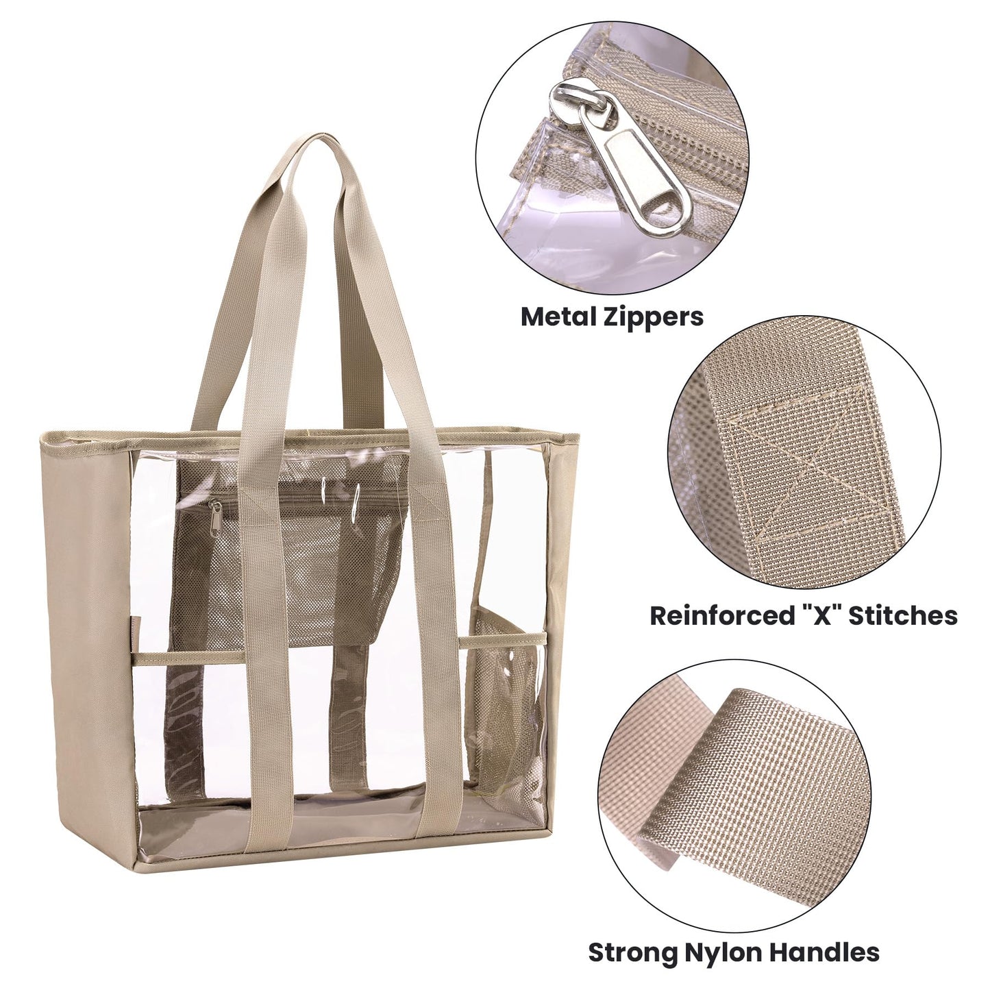 BORMELUN Women's Clear Bag Tote for Work Stadium Events Travel, Heavy Duty Purse Transparent Plastic see through Handbag with XL Capacity,Khaki