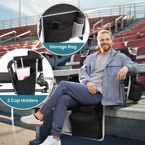 FUNDANGO Portable Stadium Seats with Back Support, Folding 2 in 1 Wide Bleacher Chair with Large Pocket and Cup Holder for Sport Events Concerts