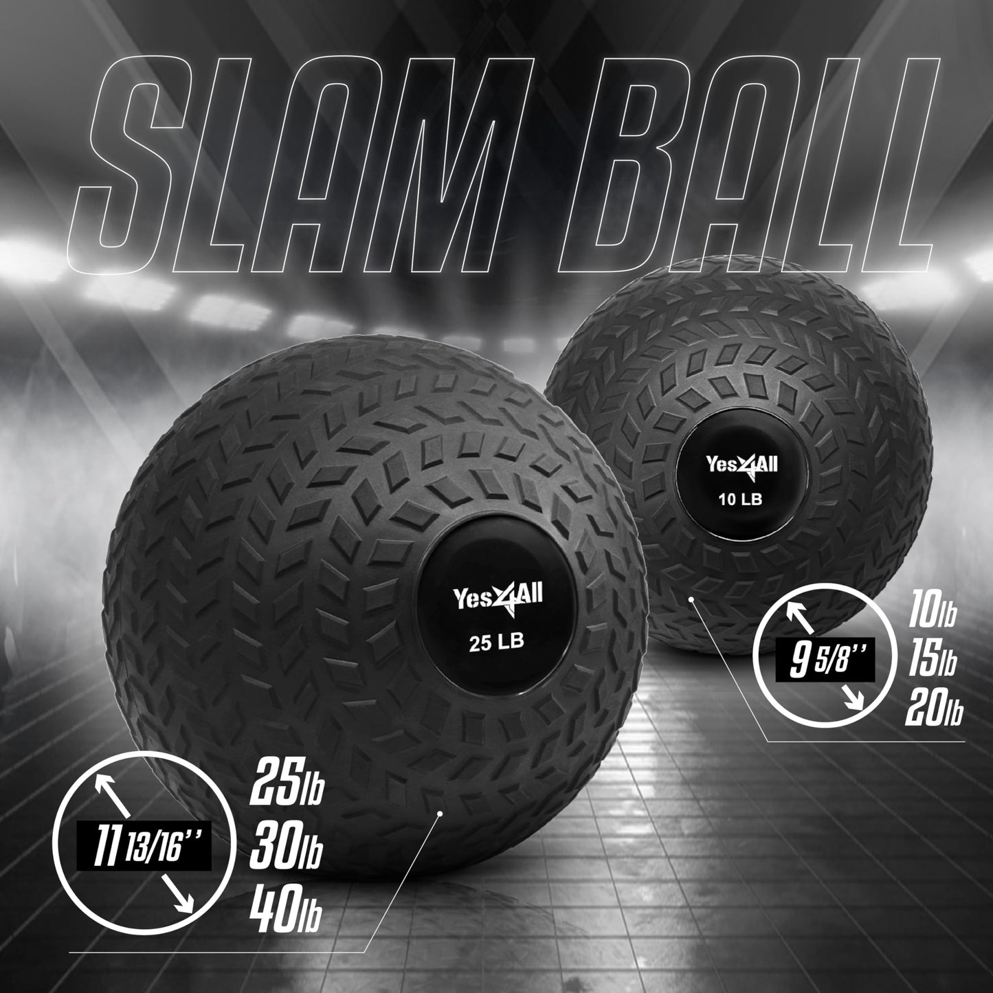 Yes4All 25 lbs Slam Ball for Strength, Power Workout - Fitness Exercise Ball with Grip Tread & Durable Rubber Shell (25 Lbs, Black)