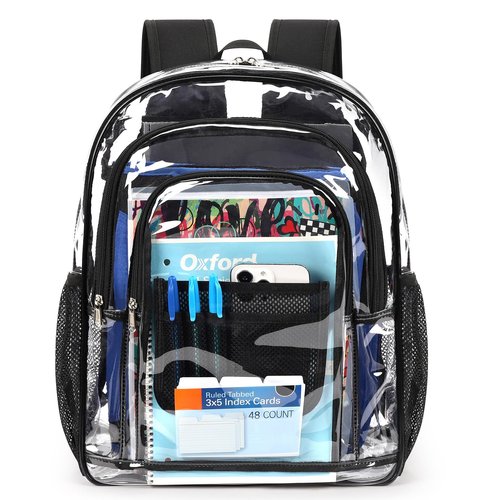 ZORFIN Clear Backpack Heavy Duty for School & Work – 18in Transparent PVC Bag with Large Capacity & Reinforced Straps – See Through Bookbag for Men, Women, Boys & Girls, Workplace Security Black