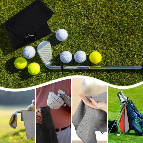 PEASUG 3 Pack Golf Towels (16" x 16"), Absorbent Waffle Pattern Golf Towel for Golf Bag, Tri-Fold Portable Microfiber Golf Towels for Men & Women with Carabiner Clip, Gray/Red/Black
