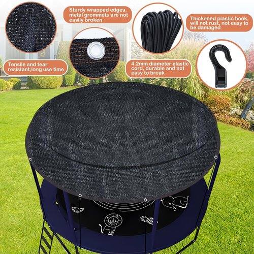 Trampoline Cover Round 12 Holes 90% Sunblock Shade Cloth 14FT Black Trampoline Top Shade Cover Sun Shade Mesh Tarp with 49FT Elastic Cord & 24 Plastic Hooks for Outdoor Backyard Playground(Tent Only)