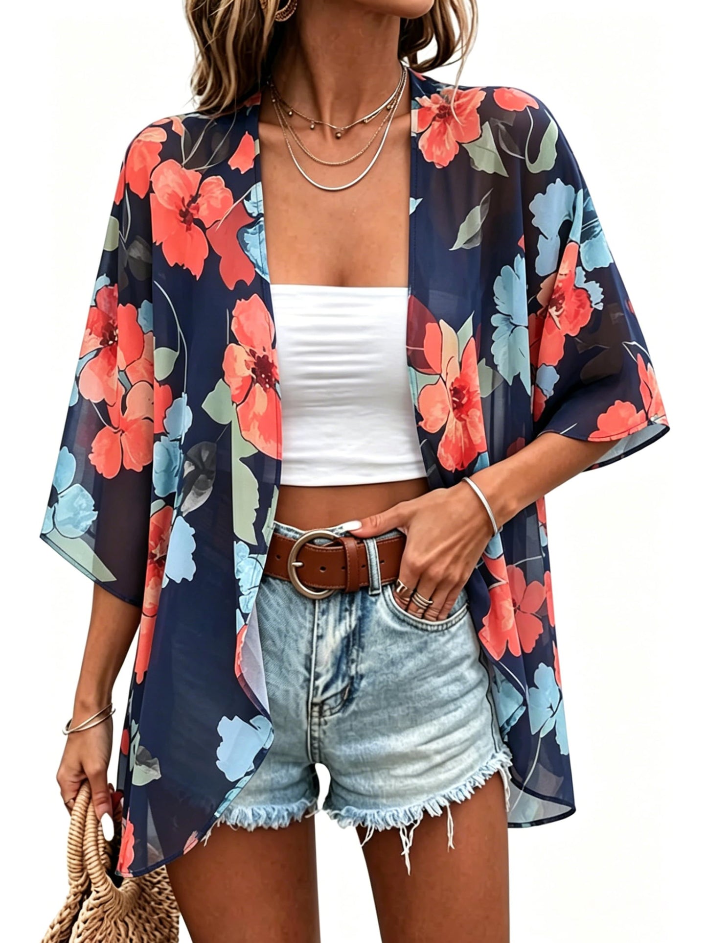 Summer Kimono Cardigan for Women Sheer Light Tops Casual Open Front Swimwear Shirts Beach Cover ups (Oil Blue,3XL)