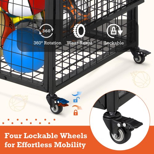 AECOJOY Ball Cart Storage, Large Rolling Basketball Bin with Wheels for Garage, School, Gym, Sports Equipment and Toy Organizer, Indoor & Outdoor