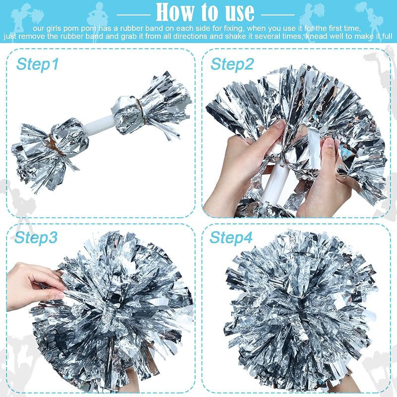 WILLBOND 12 Pcs Cheerleading Pom Poms with Baton Handle - Silver (Variation: Silver+12)